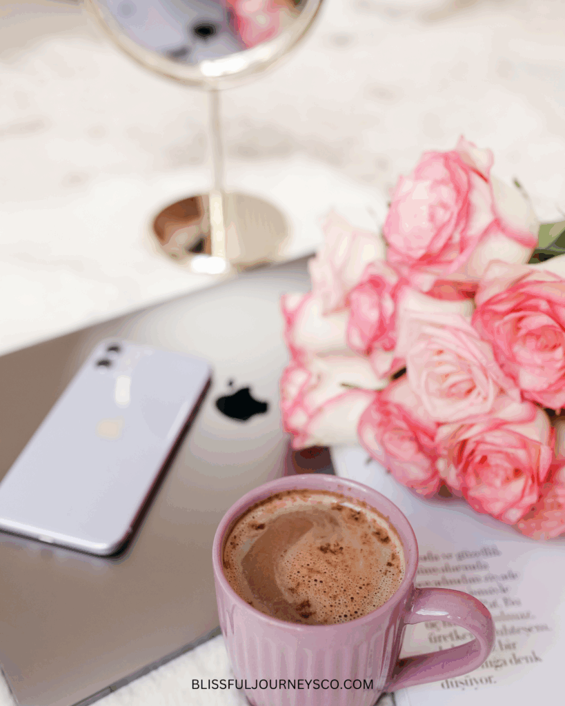 coffee, flowers, office table, wind down routine, evening routine, self care, slow living, how to romanticize your life, romanticize your life, slow down, slow life