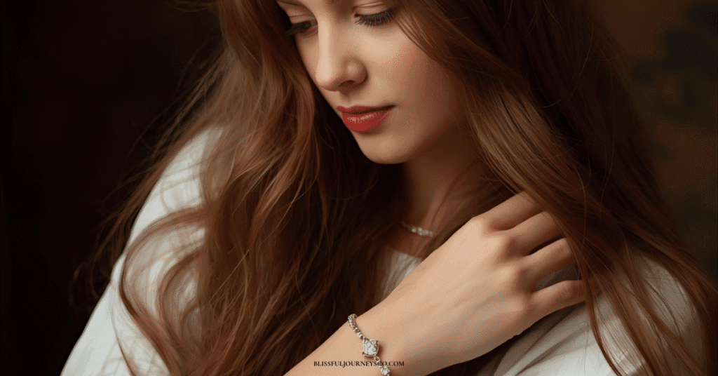 Woman with long hair and feminine jewelry, embodying confidence and grace.