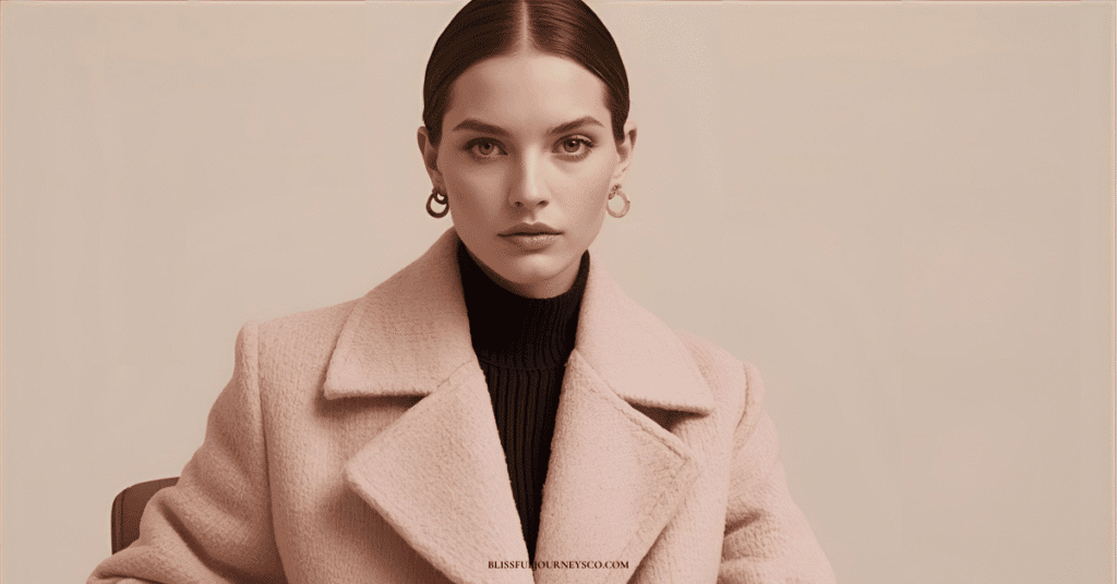 Woman wearing a soft beige feminine coat, stylish and elegant for 2025 fashion trends.