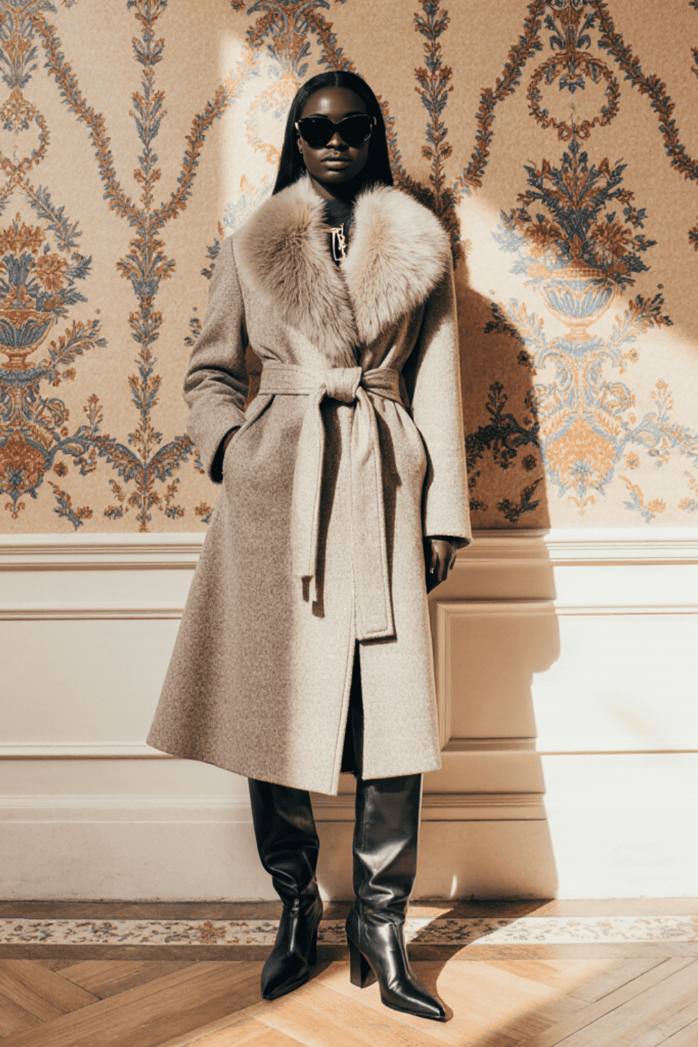 Stylish beige coat with fur trim, perfect for enhancing feminine energy in 2025.
