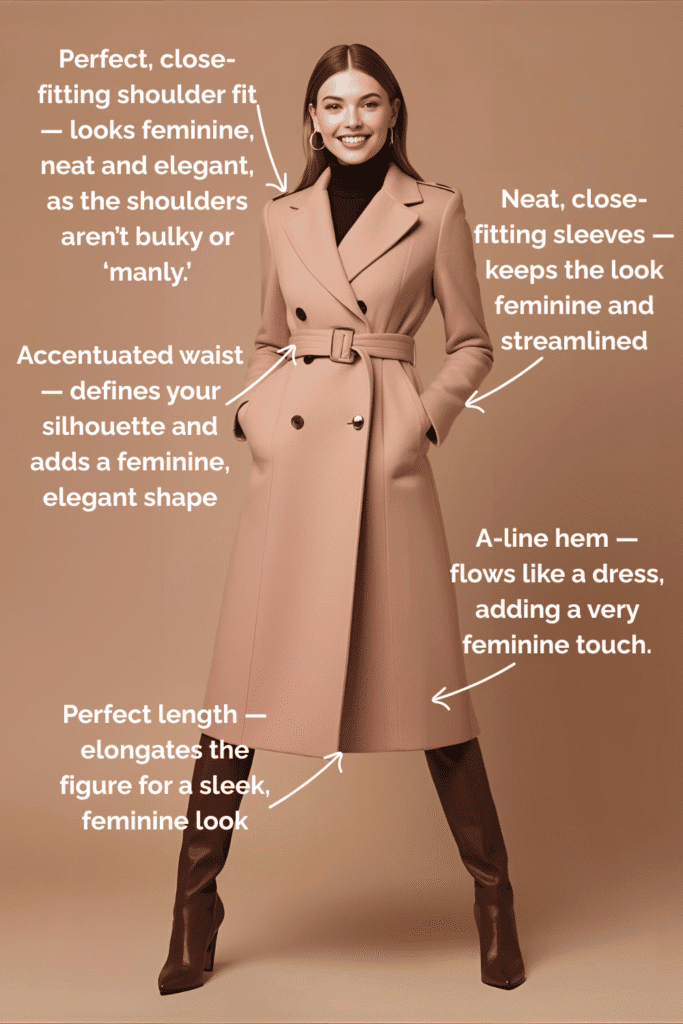 Elegant feminine coat with tailored fit and sleek design.
