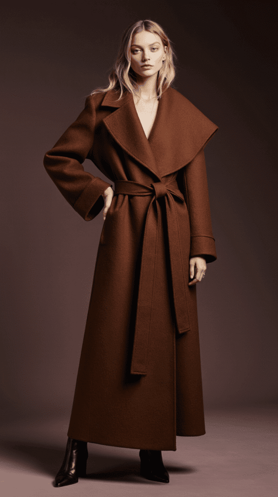 Elegant brown feminine coat with a belt, perfect for enhancing feminine energy in 2025.