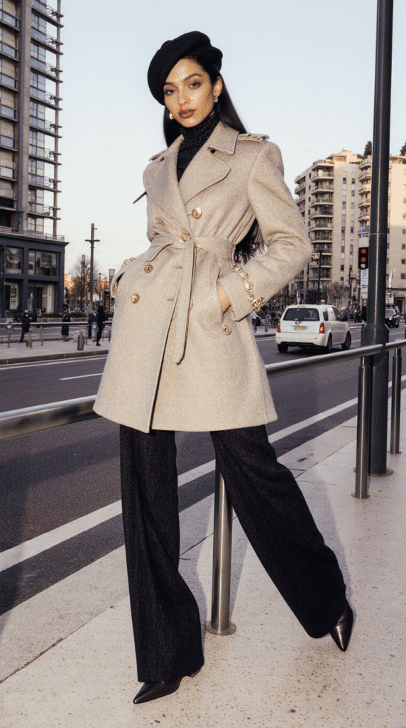 Elegant beige feminine coat with gold button details, perfect for a chic city look.