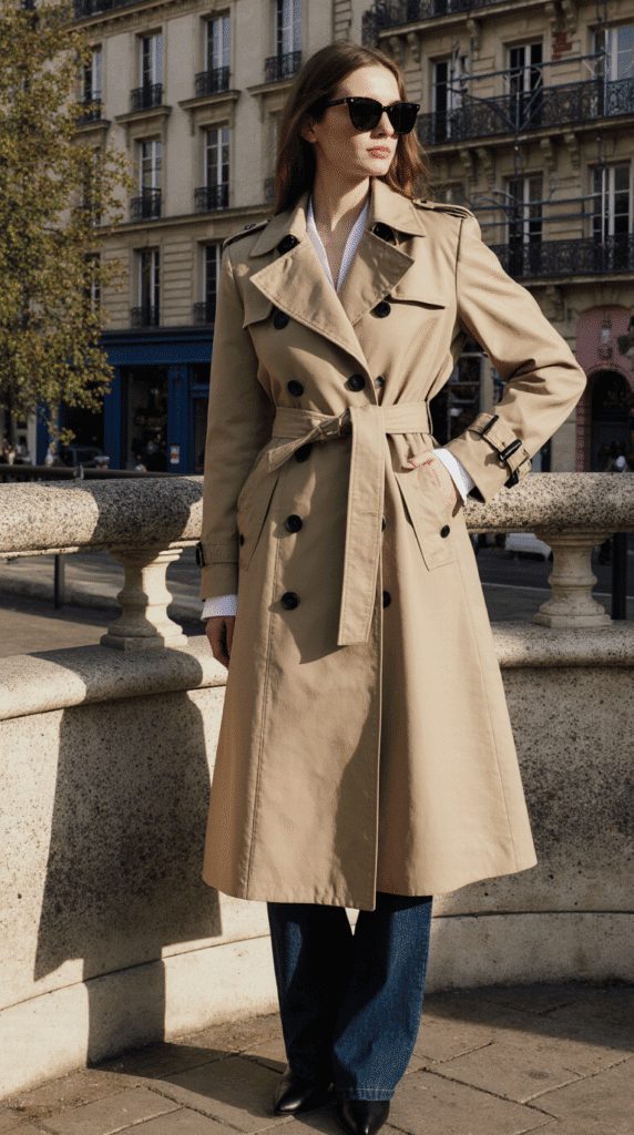 Elegant beige trench coat with classic design, perfect for enhancing feminine energy in 2025.