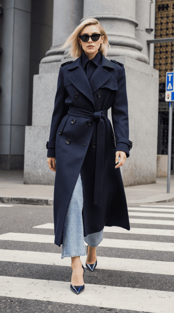 Navy trench coat styled with sunglasses and grey pants, perfect for boosting feminine energy.